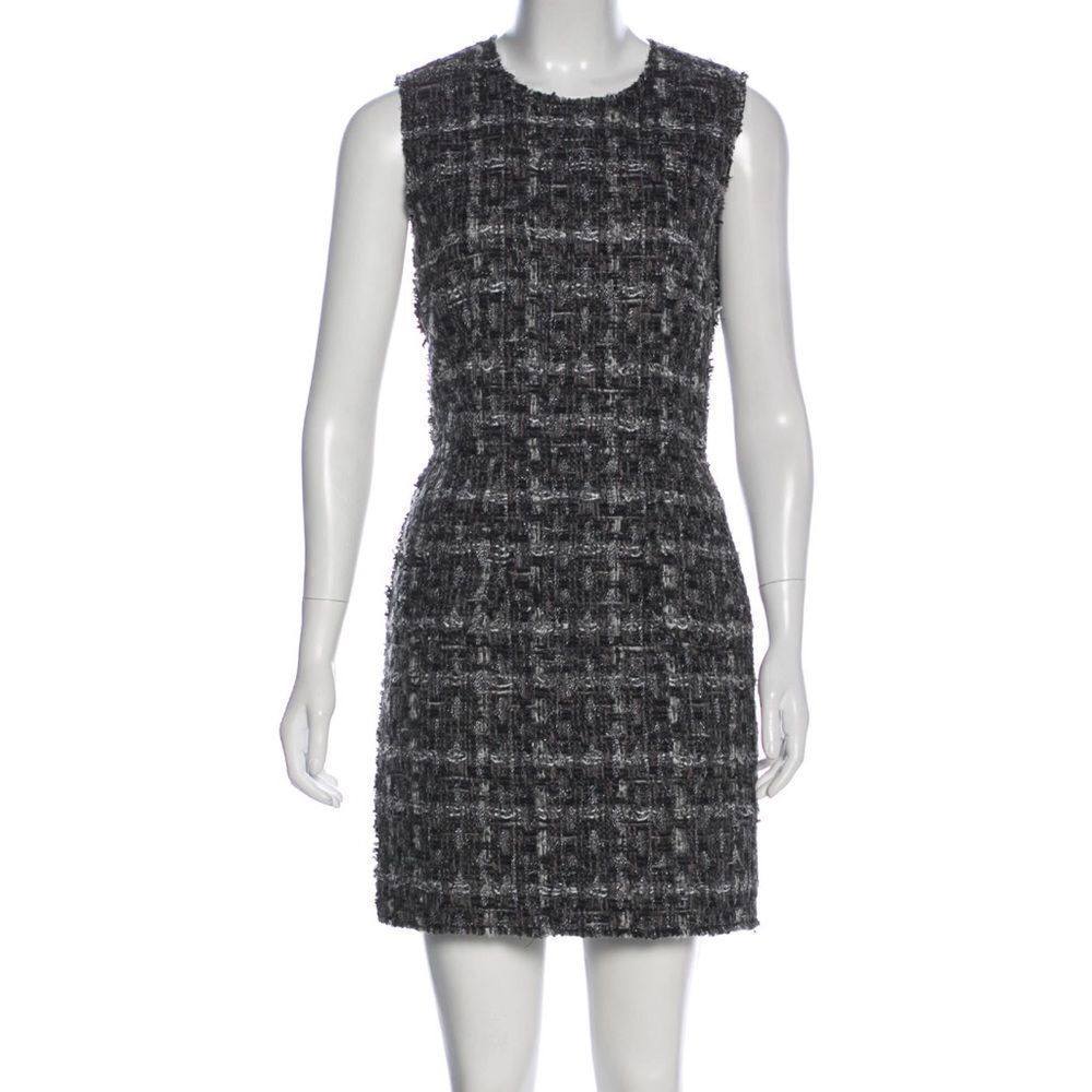 Dolce & Gabbana tweed sleeveless dress, dual patch pockets, frayed trim